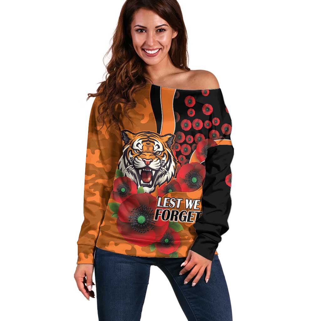Wests Tigers ANZAC Personalised Off Shoulder Sweater Lest We Forget Poppy Camo