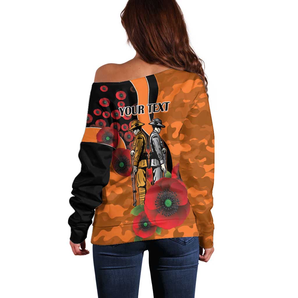 Wests Tigers ANZAC Personalised Off Shoulder Sweater Lest We Forget Poppy Camo