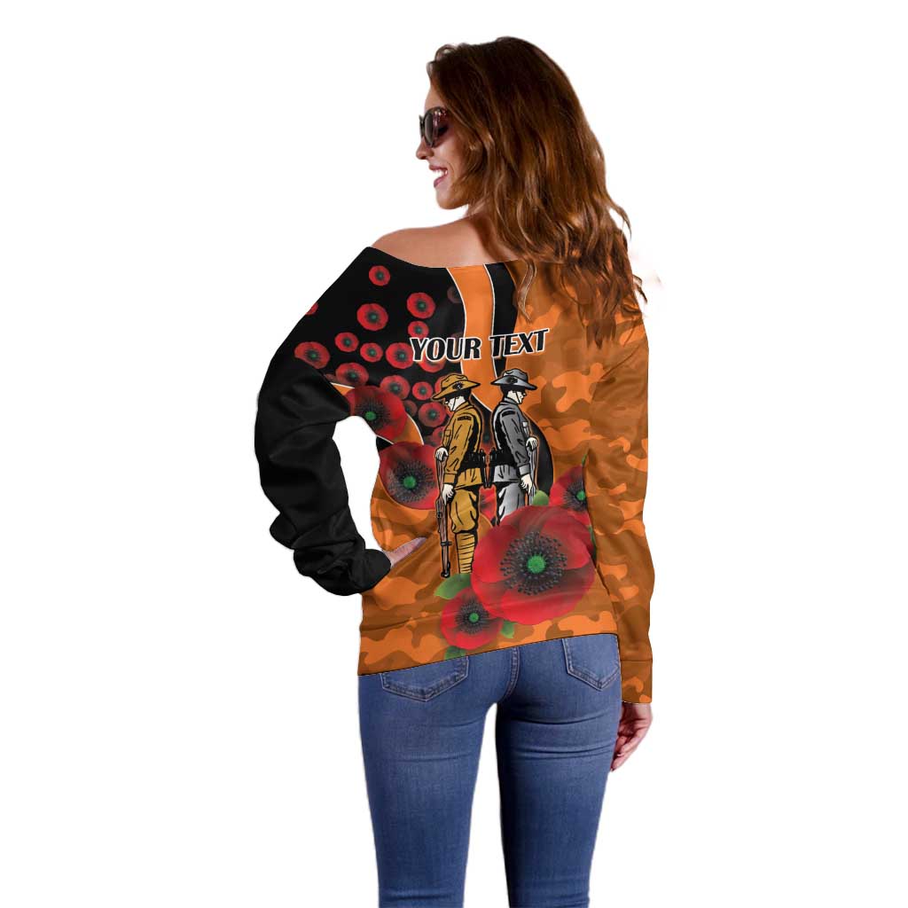 Wests Tigers ANZAC Personalised Off Shoulder Sweater Lest We Forget Poppy Camo