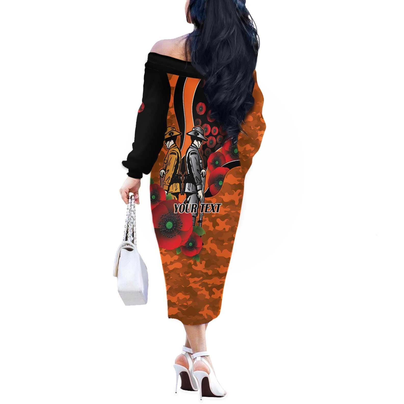 Wests Tigers ANZAC Personalised Off The Shoulder Long Sleeve Dress Lest We Forget Poppy Camo