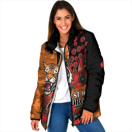 Wests Tigers ANZAC Personalised Padded Jacket Lest We Forget Poppy Camo