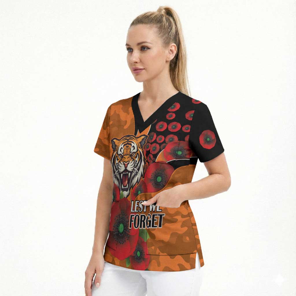 Wests Tigers ANZAC Personalised Scrub Top Lest We Forget Poppy Camo
