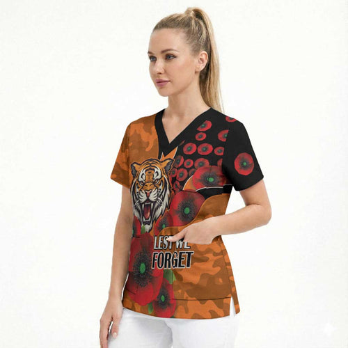Wests Tigers ANZAC Personalised Scrub Top Lest We Forget Poppy Camo
