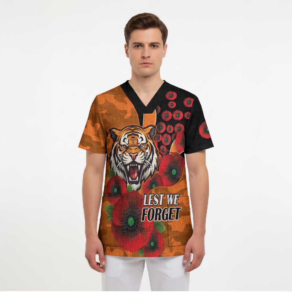 Wests Tigers ANZAC Personalised Scrub Top Lest We Forget Poppy Camo