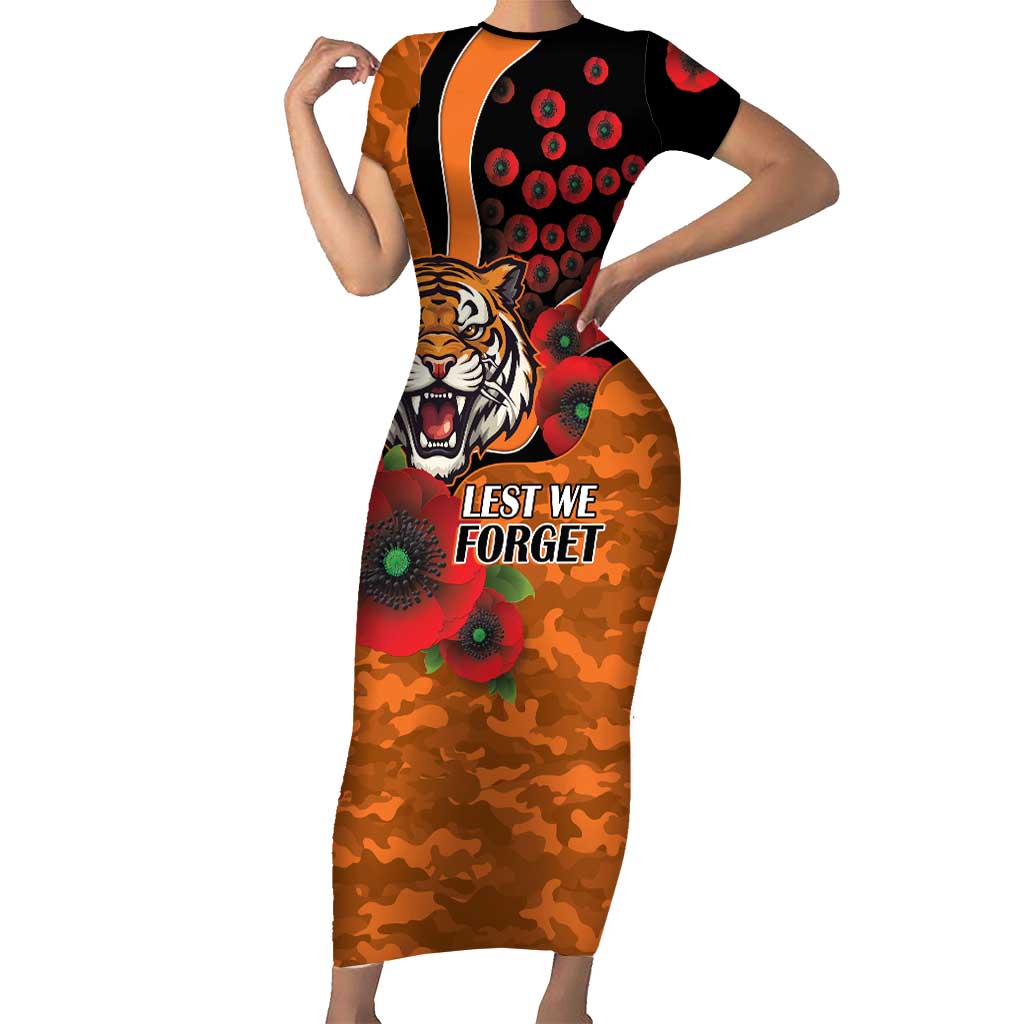 Wests Tigers ANZAC Personalised Short Sleeve Bodycon Dress Lest We Forget Poppy Camo