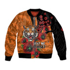 Wests Tigers ANZAC Personalised Sleeve Zip Bomber Jacket Lest We Forget Poppy Camo