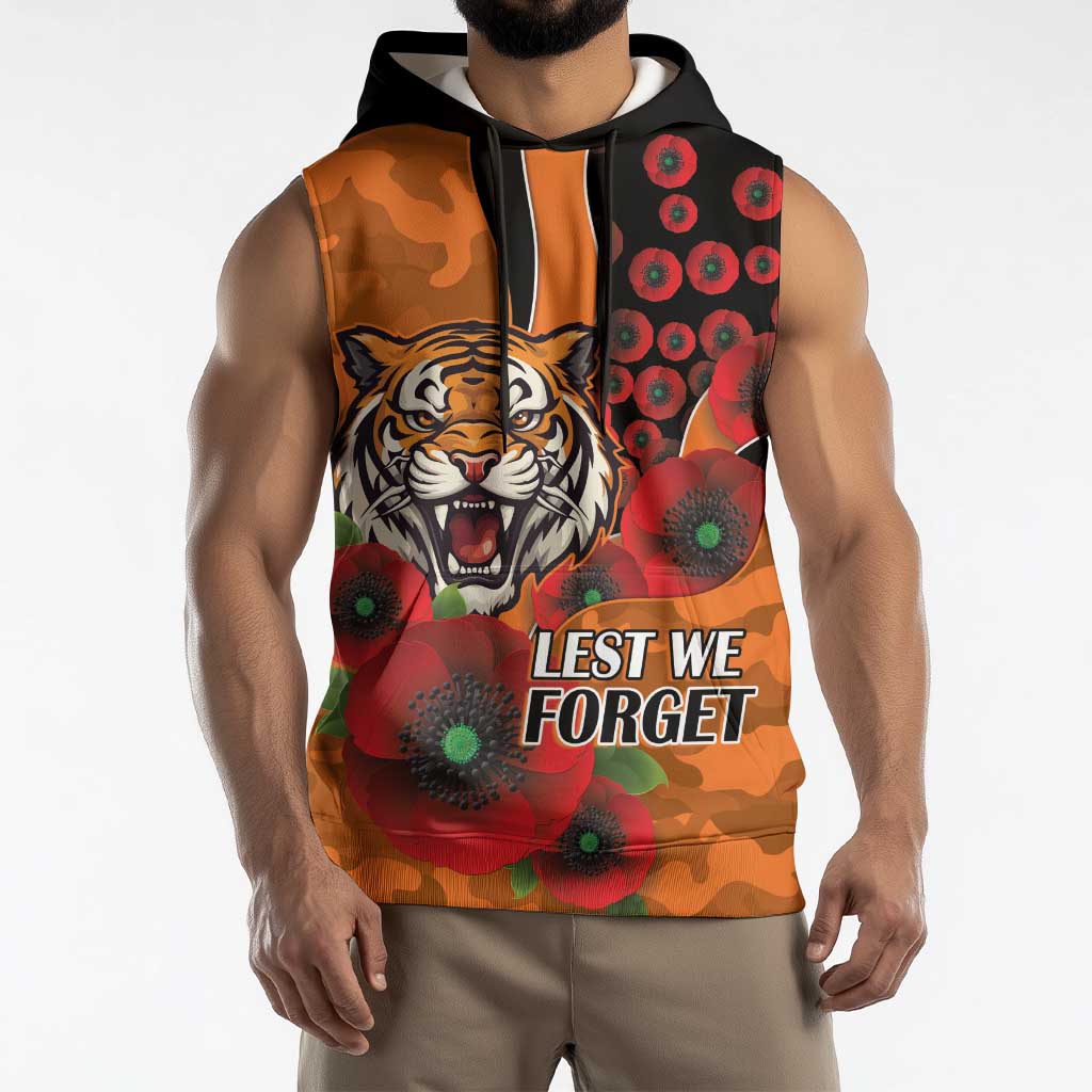 Wests Tigers ANZAC Personalised Sleeveless Hoodie Lest We Forget Poppy Camo