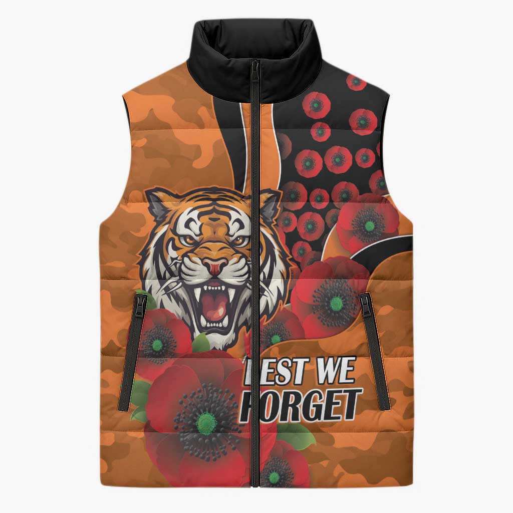 Wests Tigers ANZAC Personalised Sleeveless Puffer Jacket Lest We Forget Poppy Camo