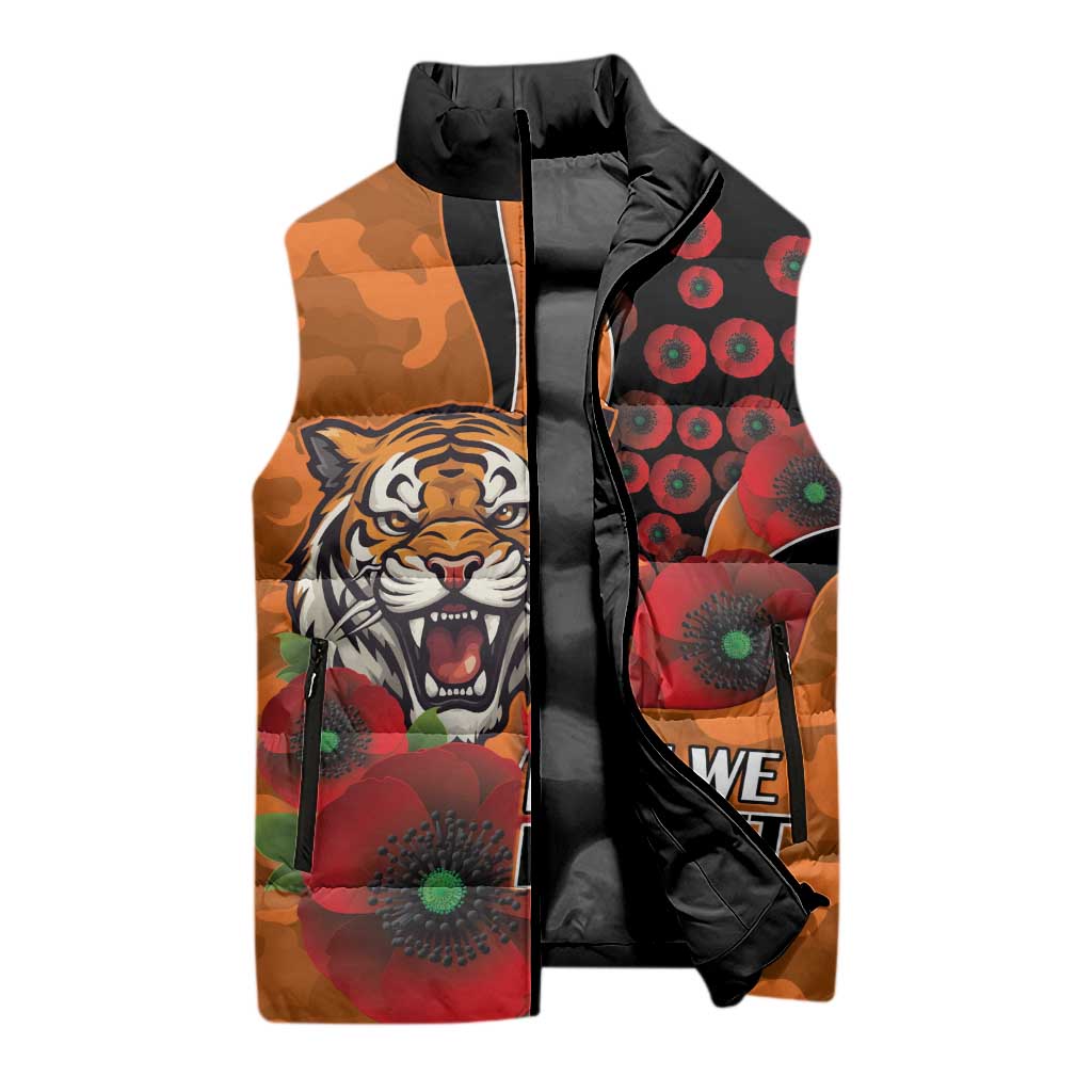 Wests Tigers ANZAC Personalised Sleeveless Puffer Jacket Lest We Forget Poppy Camo