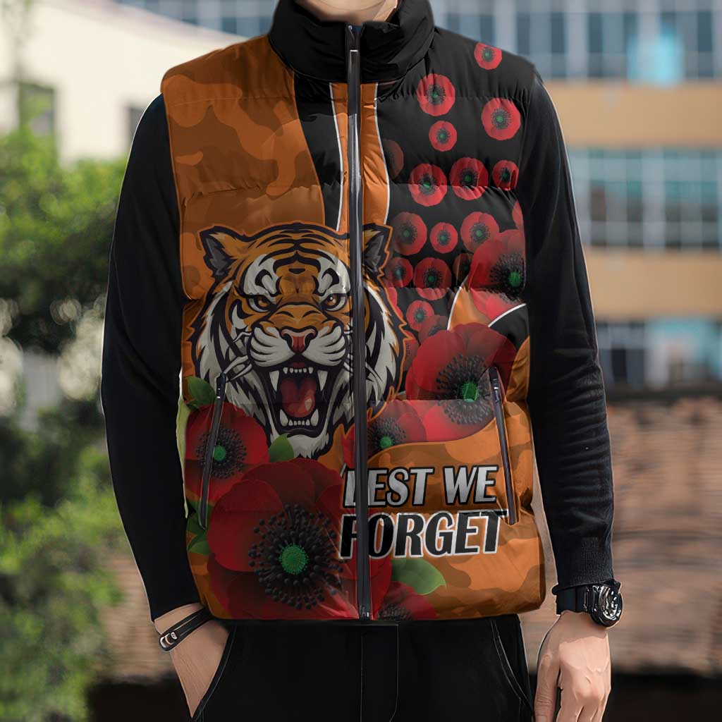 Wests Tigers ANZAC Personalised Sleeveless Puffer Jacket Lest We Forget Poppy Camo