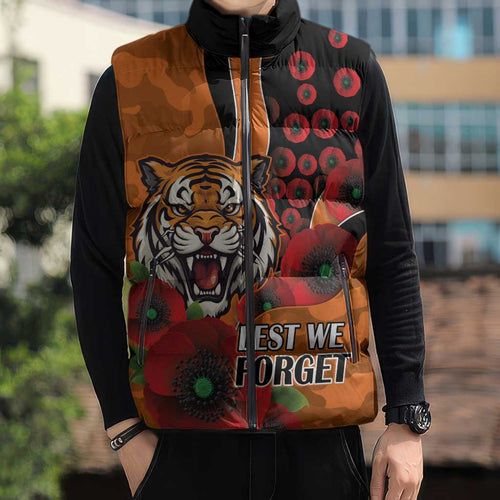Wests Tigers ANZAC Personalised Sleeveless Puffer Jacket Lest We Forget Poppy Camo