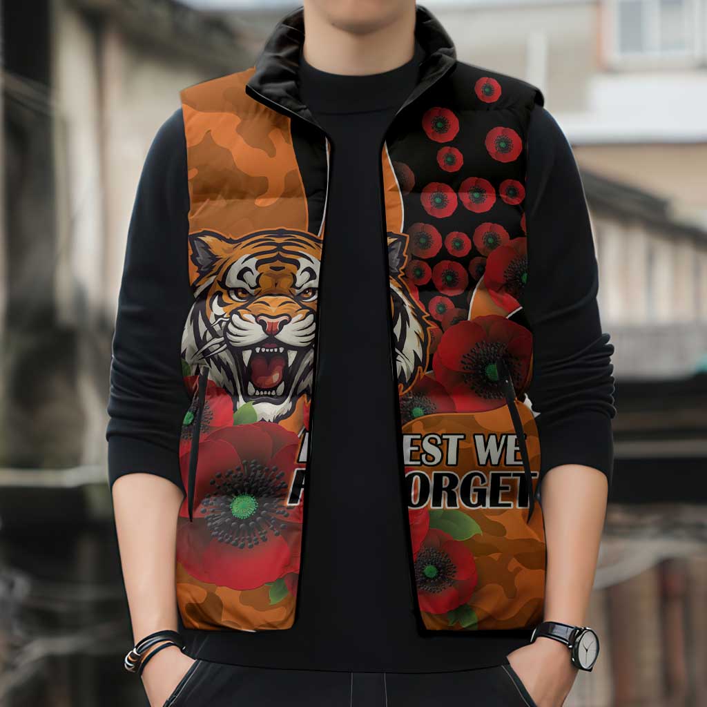 Wests Tigers ANZAC Personalised Sleeveless Puffer Jacket Lest We Forget Poppy Camo