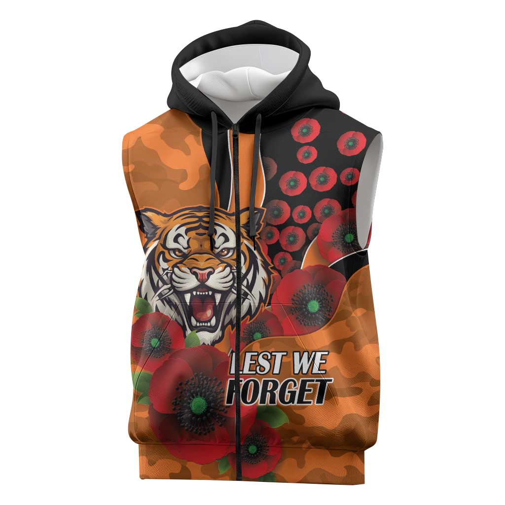 Wests Tigers ANZAC Personalised Sleeveless Zip Hoodie Lest We Forget Poppy Camo