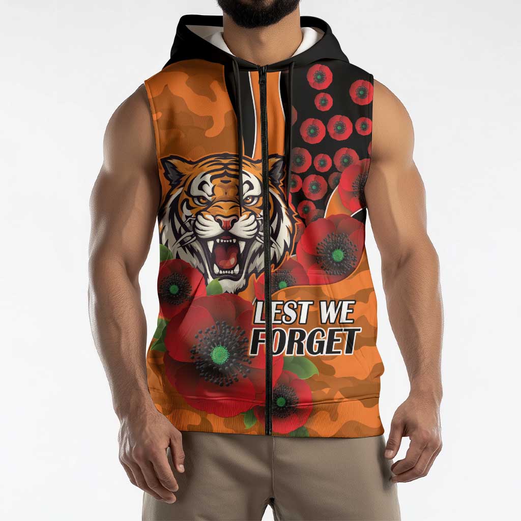 Wests Tigers ANZAC Personalised Sleeveless Zip Hoodie Lest We Forget Poppy Camo