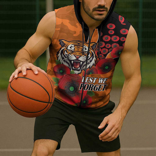 Wests Tigers ANZAC Personalised Sleeveless Zip Hoodie Lest We Forget Poppy Camo