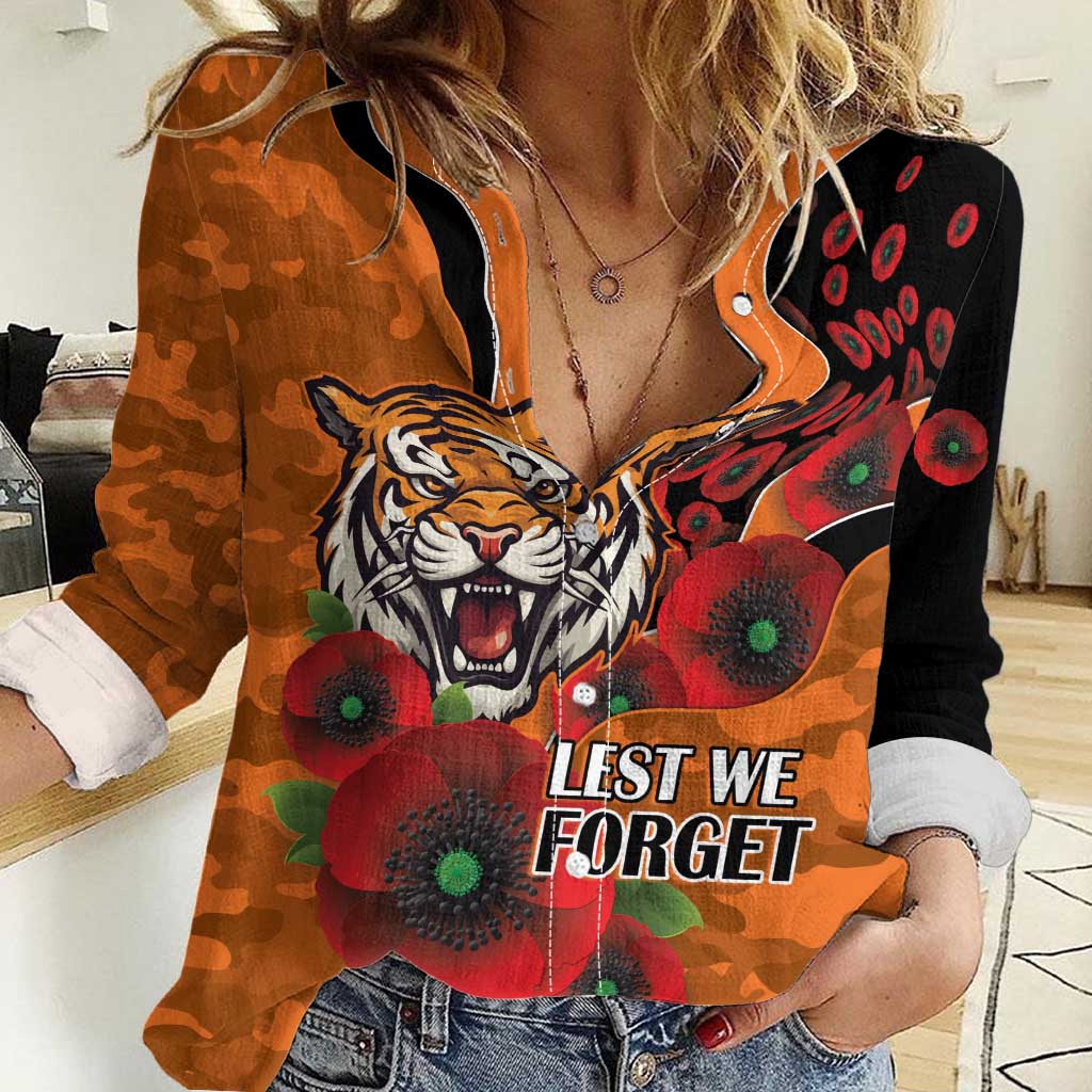 Wests Tigers ANZAC Personalised Women Casual Shirt Lest We Forget Poppy Camo