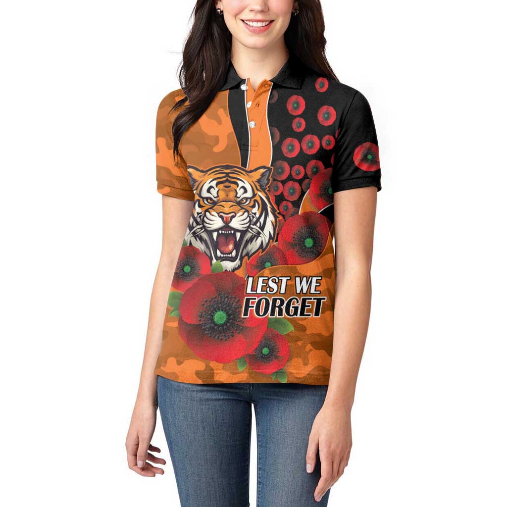 Wests Tigers ANZAC Personalised Women Polo Shirt Lest We Forget Poppy Camo