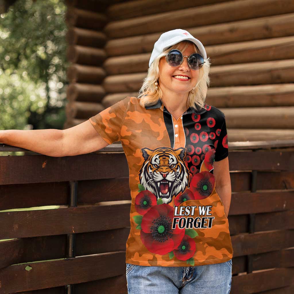 Wests Tigers ANZAC Personalised Women Polo Shirt Lest We Forget Poppy Camo