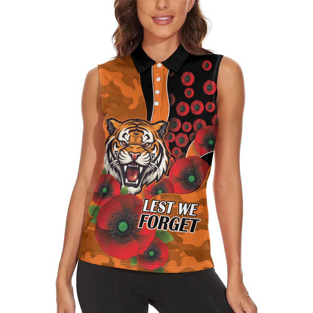 Wests Tigers ANZAC Personalised Women Sleeveless Polo Shirt Lest We Forget Poppy Camo