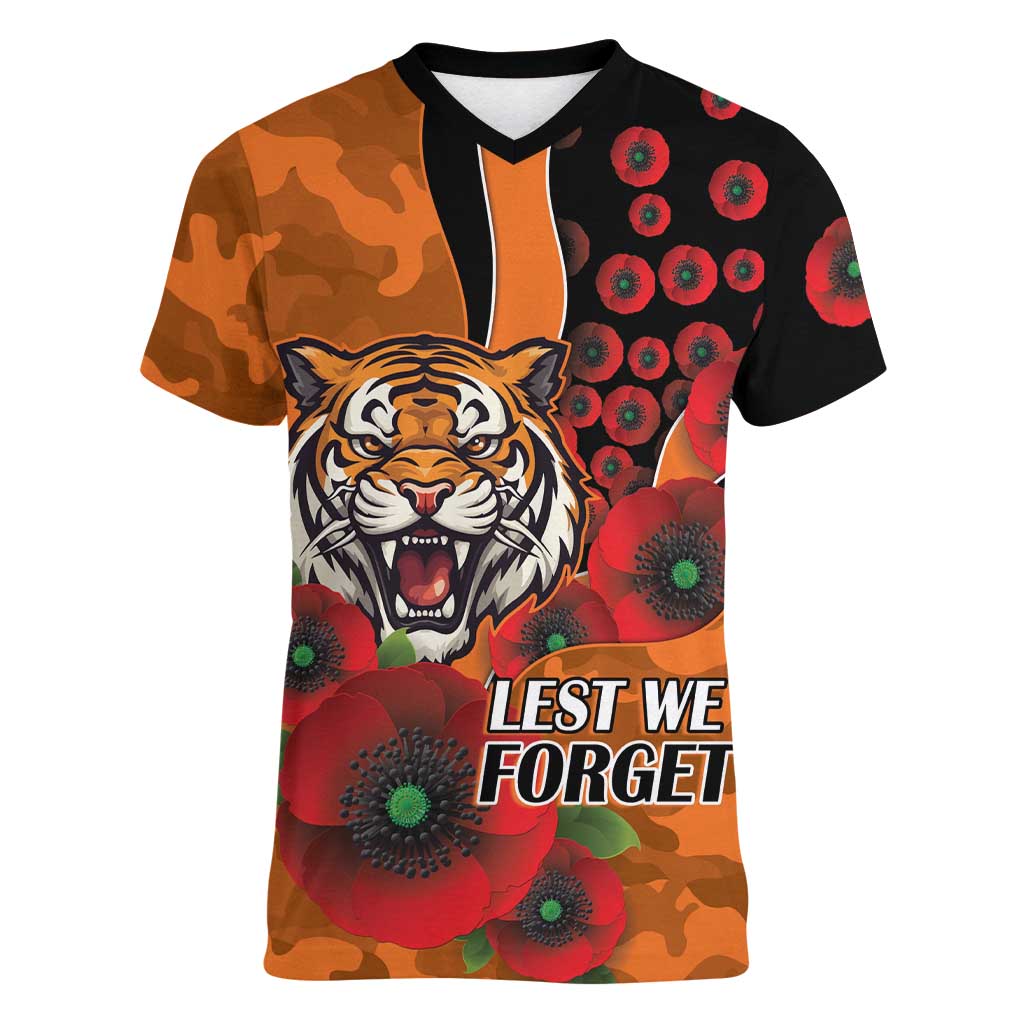 Wests Tigers ANZAC Personalised Women V-Neck T-Shirt Lest We Forget Poppy Camo