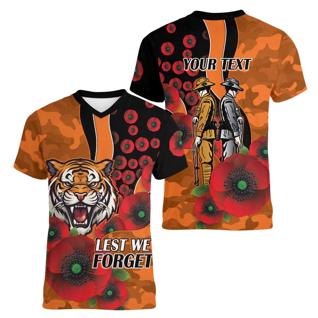 Wests Tigers ANZAC Personalised Women V-Neck T-Shirt Lest We Forget Poppy Camo