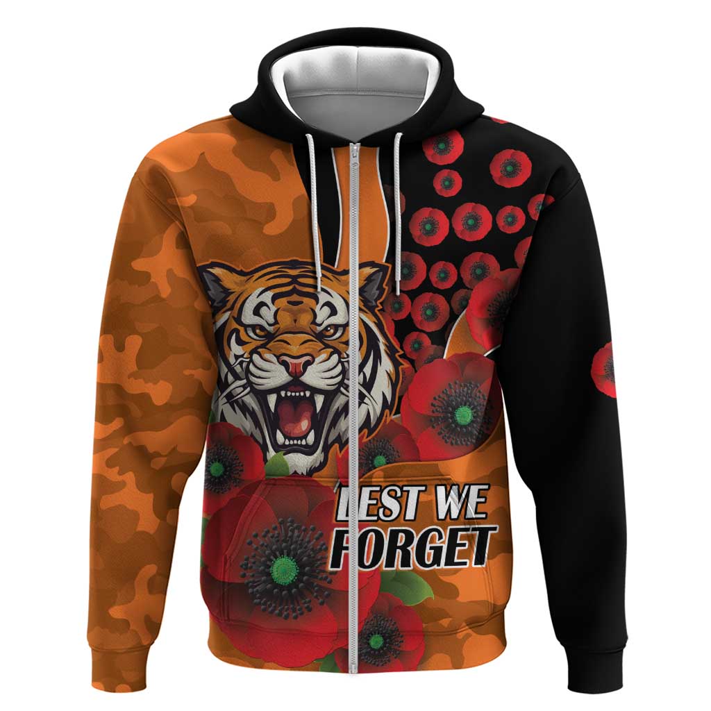 Wests Tigers ANZAC Personalised Zip Hoodie Lest We Forget Poppy Camo