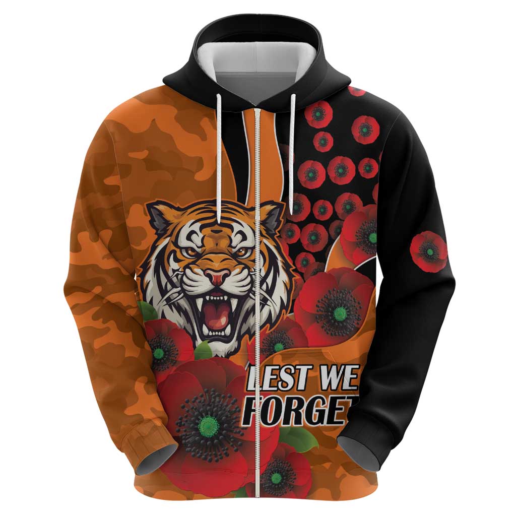 Wests Tigers ANZAC Personalised Zip Hoodie Lest We Forget Poppy Camo