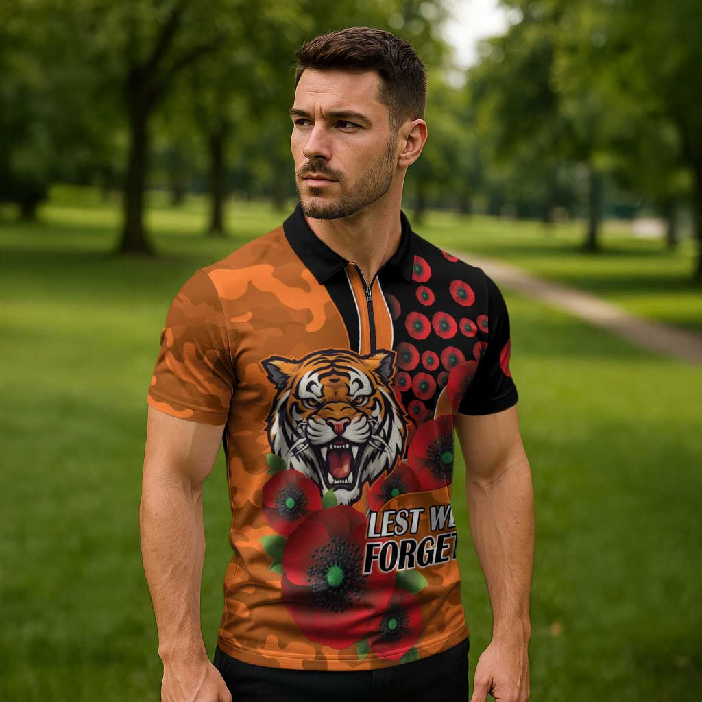 Wests Tigers ANZAC Personalised Zipper Polo Shirt Lest We Forget Poppy Camo