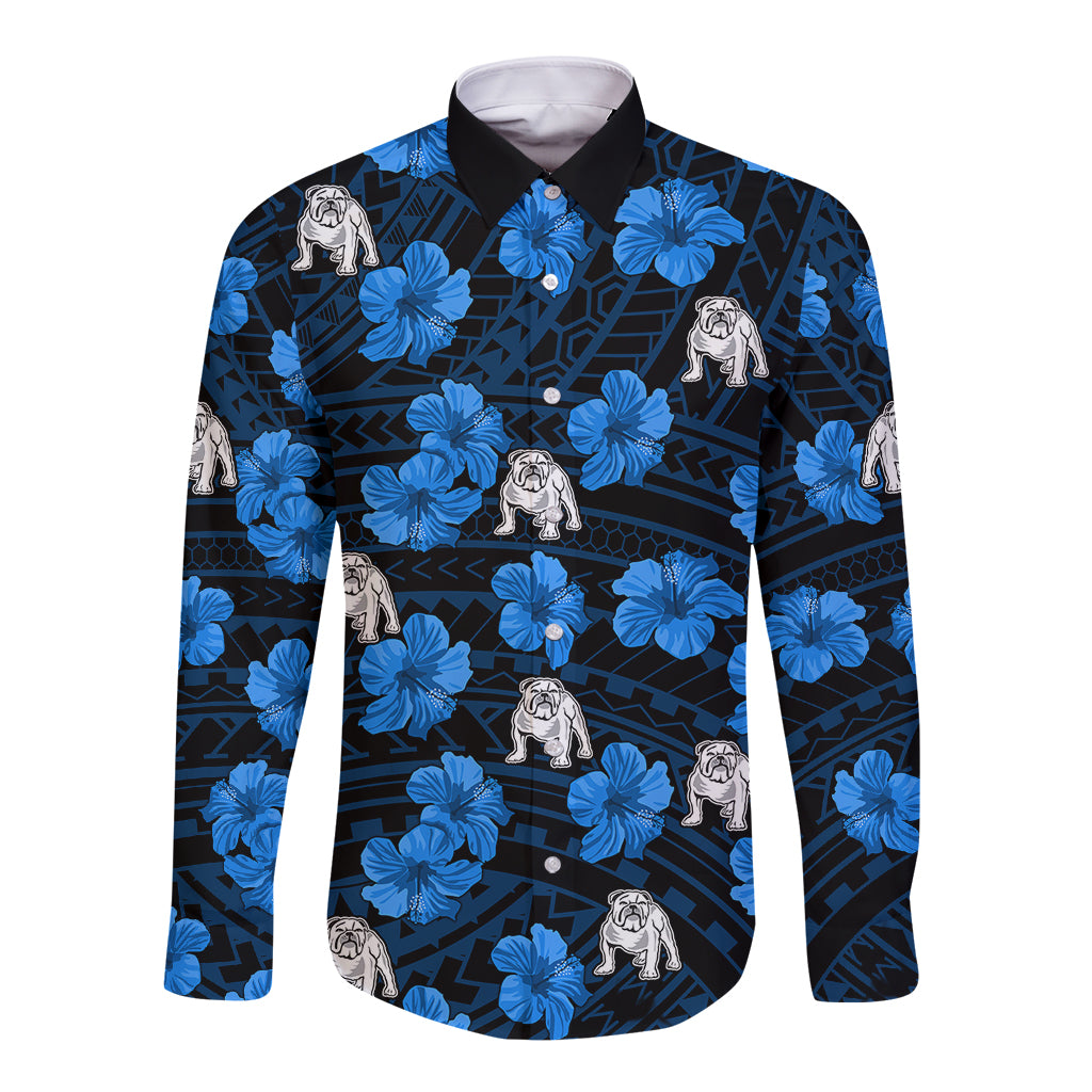 custom-text-and-number-bulldogs-rugby-long-sleeve-button-shirt-polynesian-style-with-hibiscus