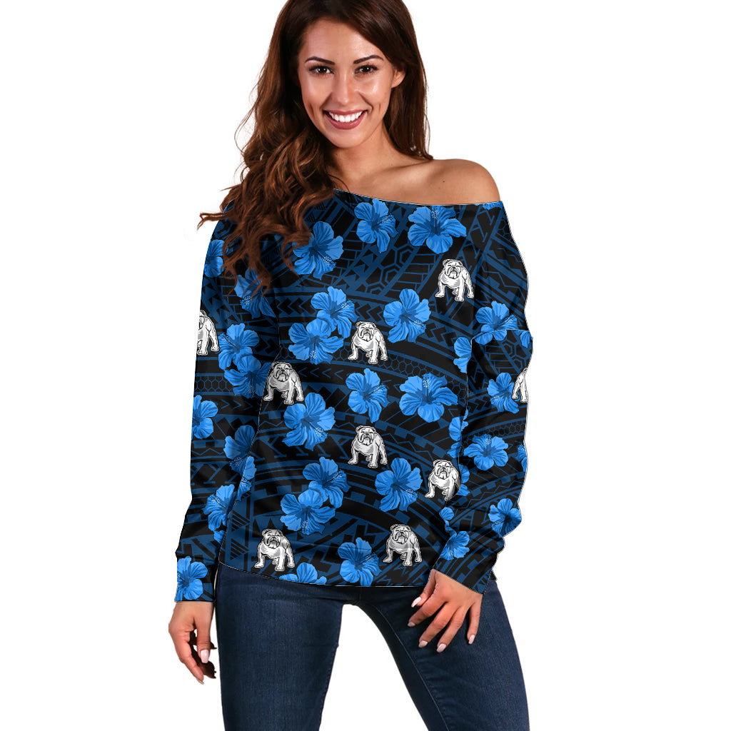 custom-text-and-number-bulldogs-rugby-off-shoulder-sweater-polynesian-style-with-hibiscus