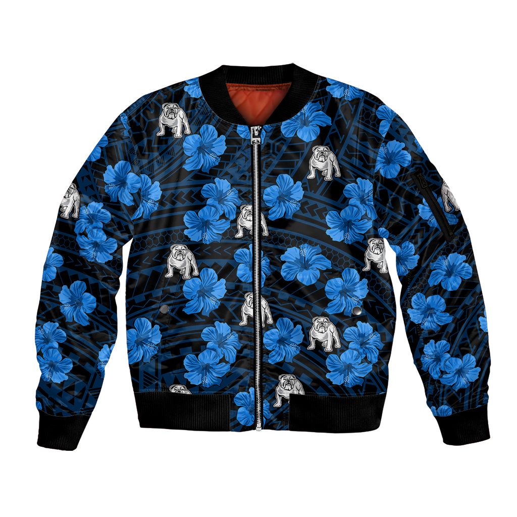 custom-text-and-number-bulldogs-rugby-sleeve-zip-bomber-jacket-polynesian-style-with-hibiscus