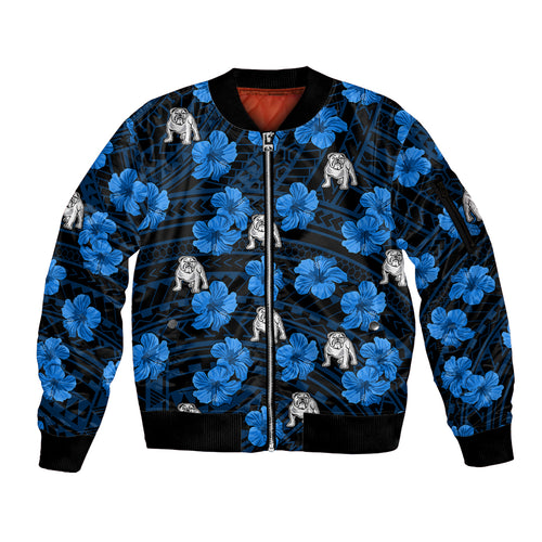 custom-text-and-number-bulldogs-rugby-sleeve-zip-bomber-jacket-polynesian-style-with-hibiscus