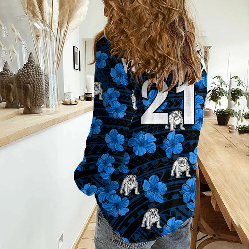 (Custom Text And Number) Bulldogs Rugby Women Casual Shirt Polynesian Style With Hibiscus LT9
