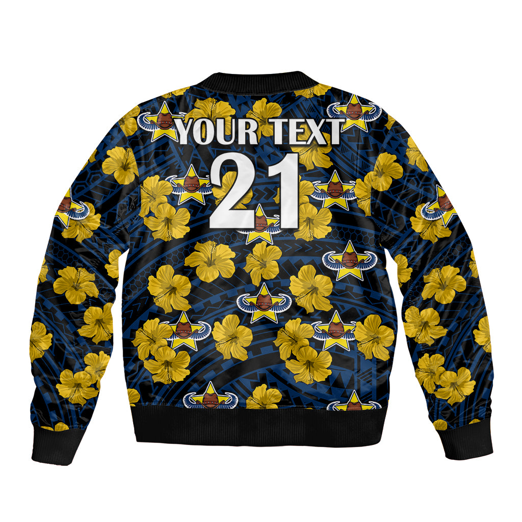 custom-text-and-number-cowboys-rugby-sleeve-zip-bomber-jacket-polynesian-style-with-hibiscus