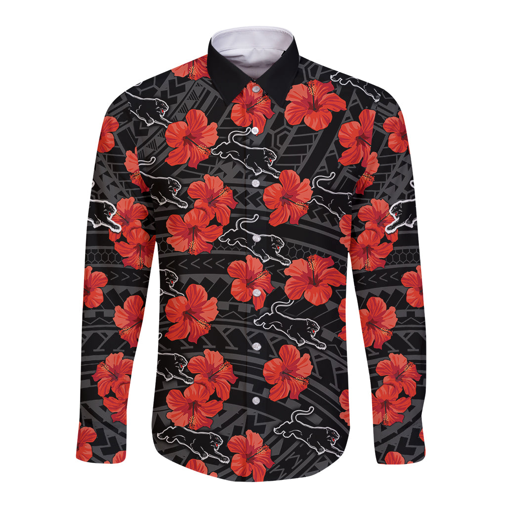 custom-text-and-number-panthers-rugby-long-sleeve-button-shirt-polynesian-style-with-hibiscus