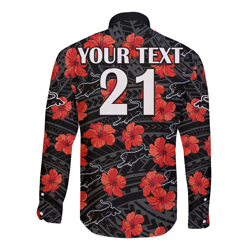 custom-text-and-number-panthers-rugby-long-sleeve-button-shirt-polynesian-style-with-hibiscus
