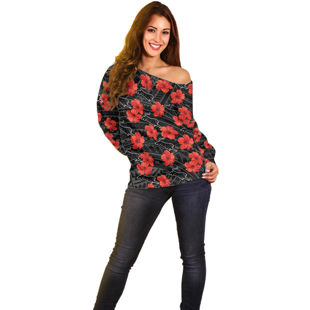custom-text-and-number-panthers-rugby-off-shoulder-sweater-polynesian-style-with-hibiscus