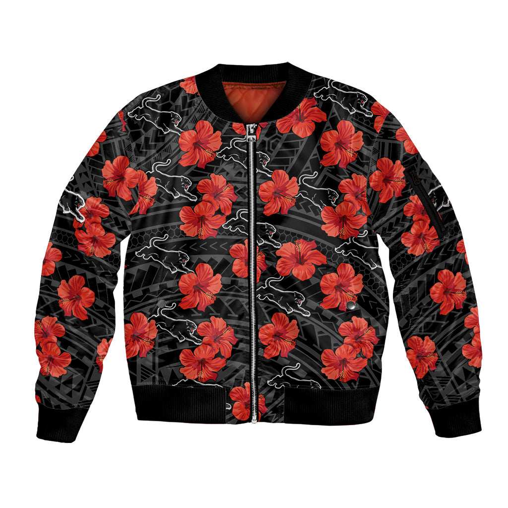 custom-text-and-number-panthers-rugby-sleeve-zip-bomber-jacket-polynesian-style-with-hibiscus