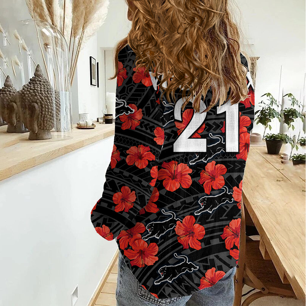 (Custom Text And Number) Panthers Rugby Women Casual Shirt Polynesian Style With Hibiscus LT9