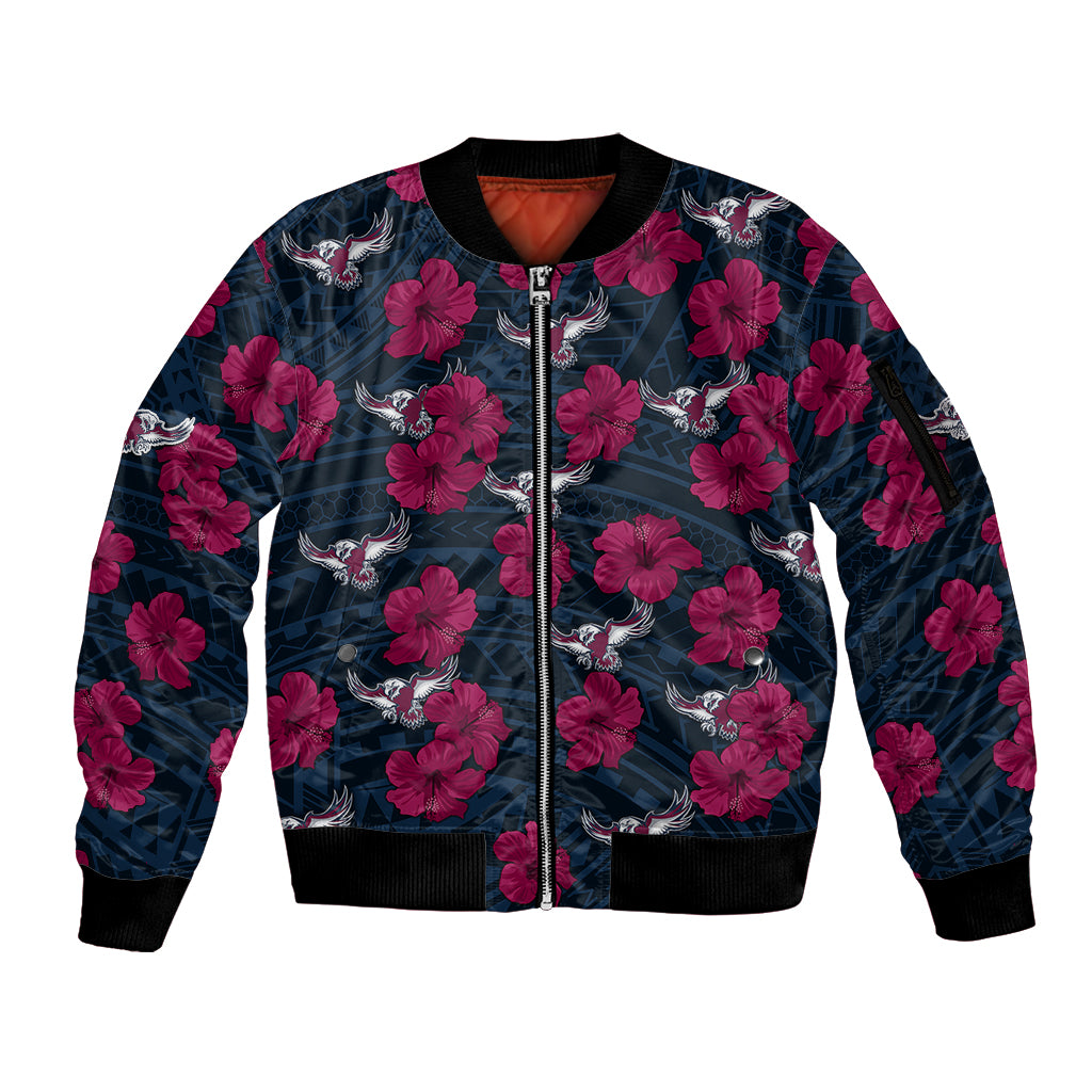 sea-eagles-rugby-sleeve-zip-bomber-jacket-polynesian-style-with-hibiscus