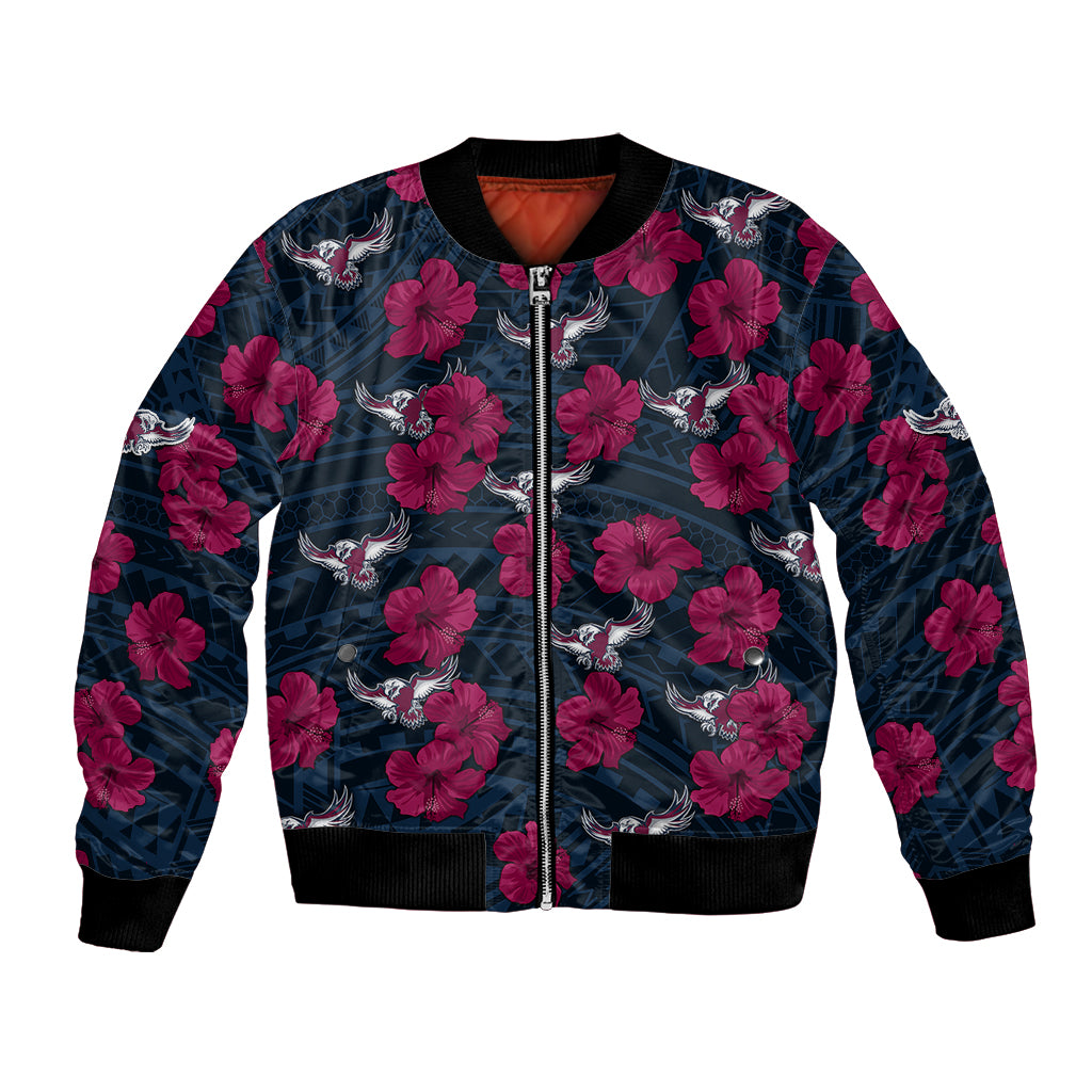 custom-text-and-number-sea-eagles-rugby-bomber-jacket-polynesian-style-with-hibiscus