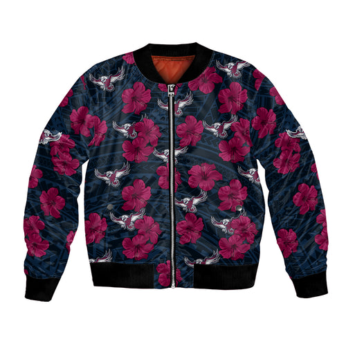 custom-text-and-number-sea-eagles-rugby-bomber-jacket-polynesian-style-with-hibiscus