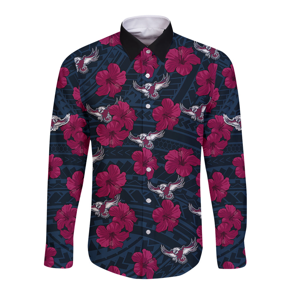 custom-text-and-number-sea-eagles-rugby-long-sleeve-button-shirt-polynesian-style-with-hibiscus