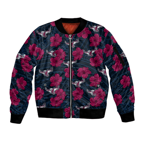 custom-text-and-number-sea-eagles-rugby-sleeve-zip-bomber-jacket-polynesian-style-with-hibiscus