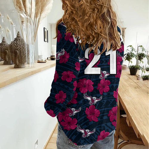 (Custom Text And Number) Sea Eagles Rugby Women Casual Shirt Polynesian Style With Hibiscus LT9