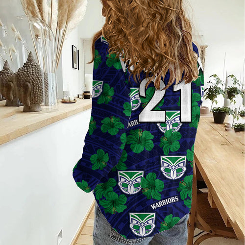 (Custom Text And Number) New Zealand Warriors Rugby Women Casual Shirt Polynesian Style With Hibiscus LT9