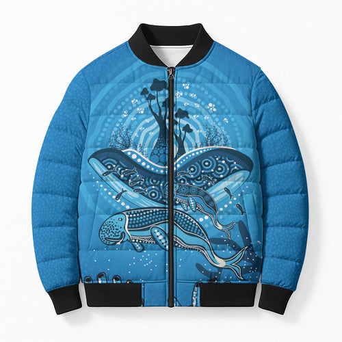 Aboriginal Ocean Dugong Bomber Puffer Jacket Dot Art Dreamtime Tree of Life