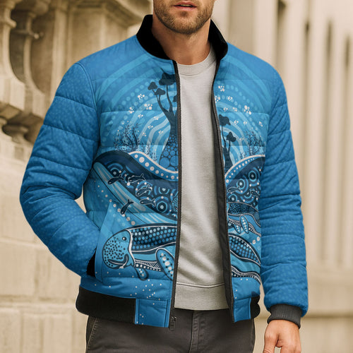 Aboriginal Ocean Dugong Bomber Puffer Jacket Dot Art Dreamtime Tree of Life
