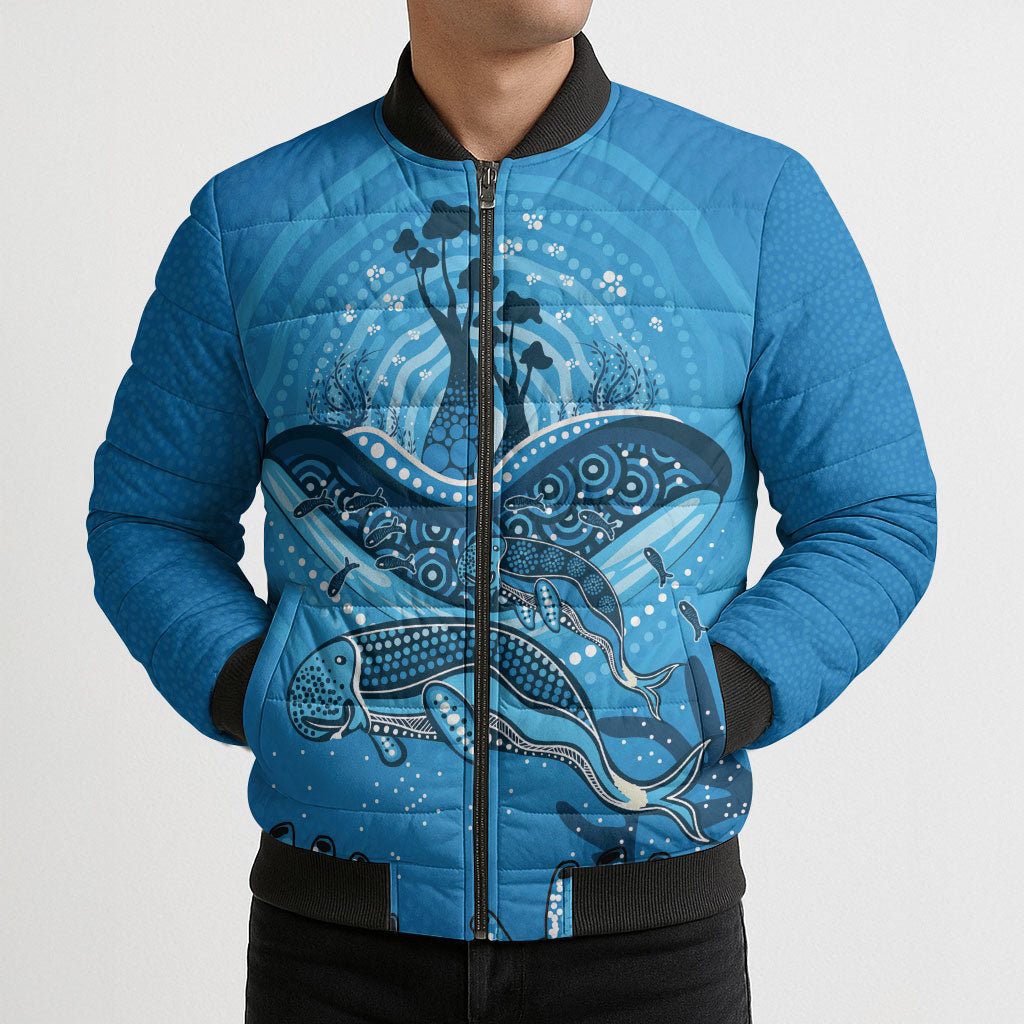 Aboriginal Ocean Dugong Bomber Puffer Jacket Dot Art Dreamtime Tree of Life