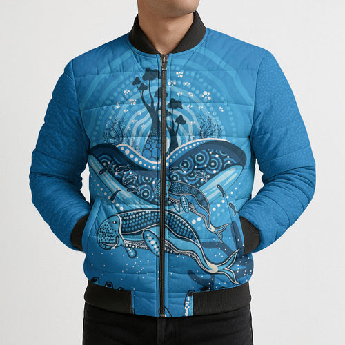 Aboriginal Ocean Dugong Bomber Puffer Jacket Dot Art Dreamtime Tree of Life